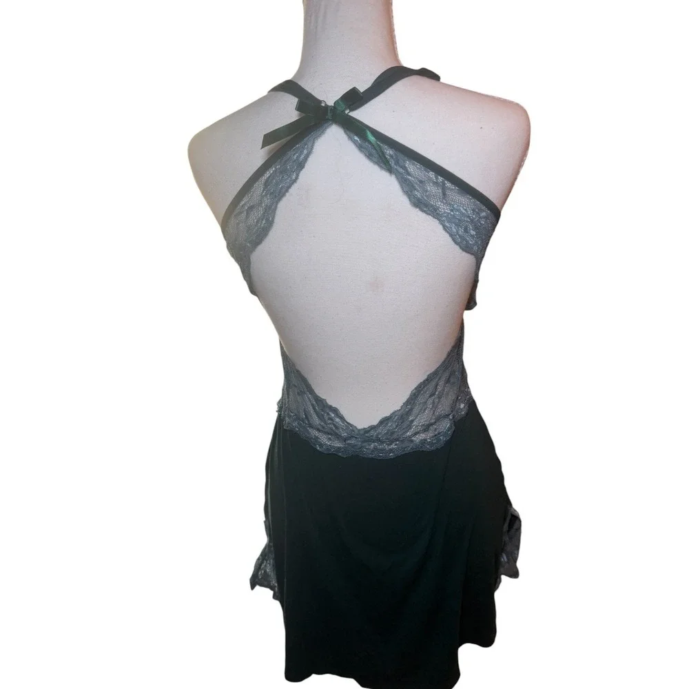Avidlove‎ Forest Green Lace Trim Open Back Tie Halter Chemise Babydoll S